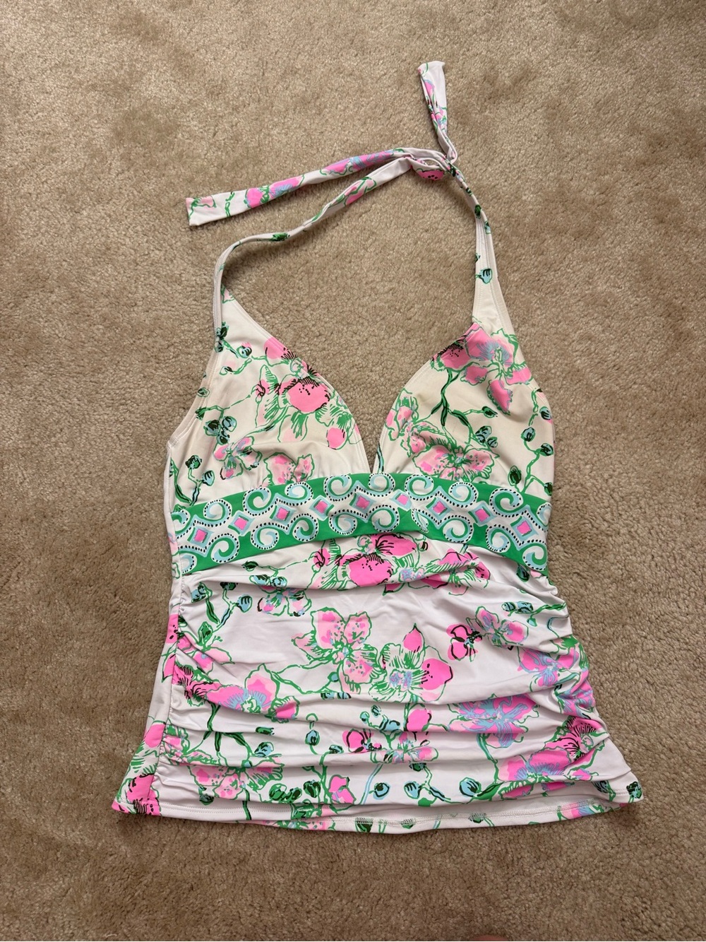 Lilly Pulitzer White Swim Top with Pink Logo and Green Floral Accent